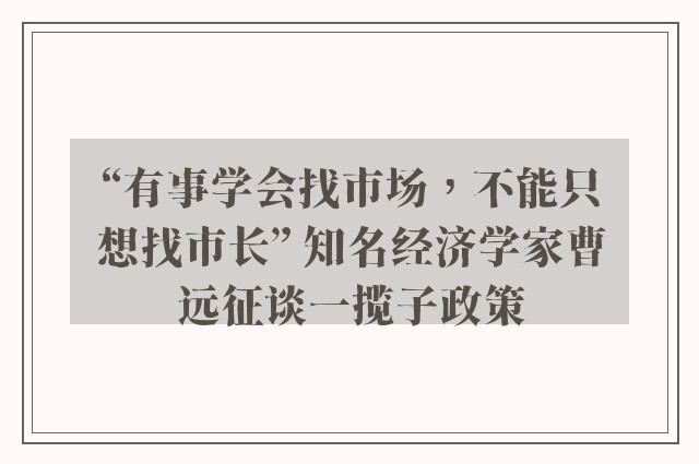 “有事学会找市场，不能只想找市长” 知名经济学家曹远征谈一揽子政策