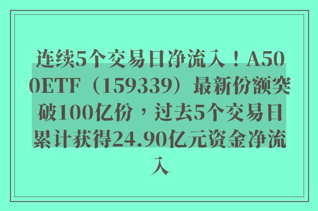 连续5个交易日净流入！A500ETF（159339）最新份额突破100亿份，过去5个交易日累计获得24.90亿元资金净流入