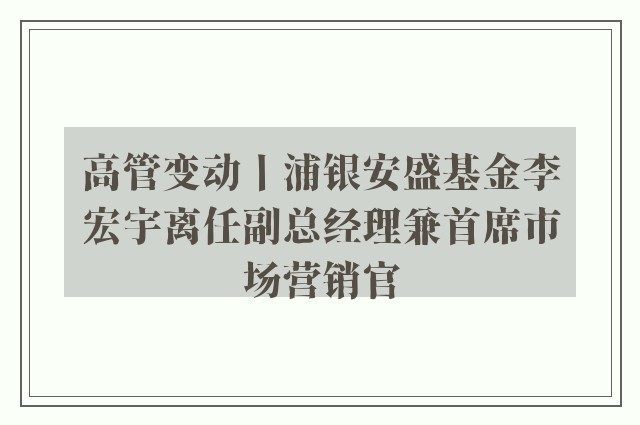 高管变动丨浦银安盛基金李宏宇离任副总经理兼首席市场营销官