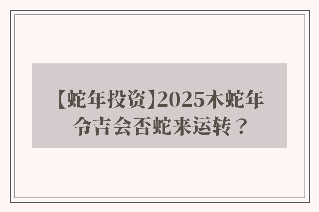 【蛇年投资】2025木蛇年　令吉会否蛇来运转？